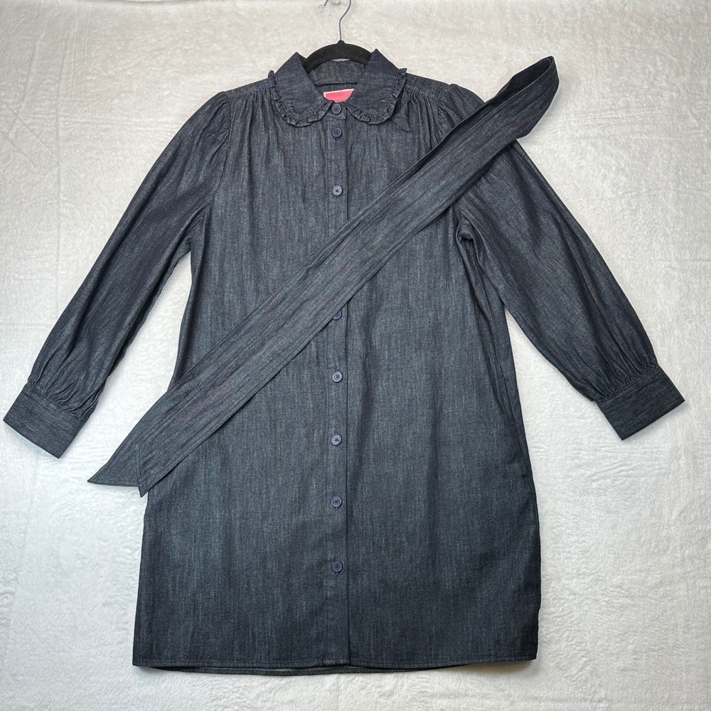 Kate Spade Denim Shirt Dress Womens Small Blue Ruffle Collar Long Sleeve Belted